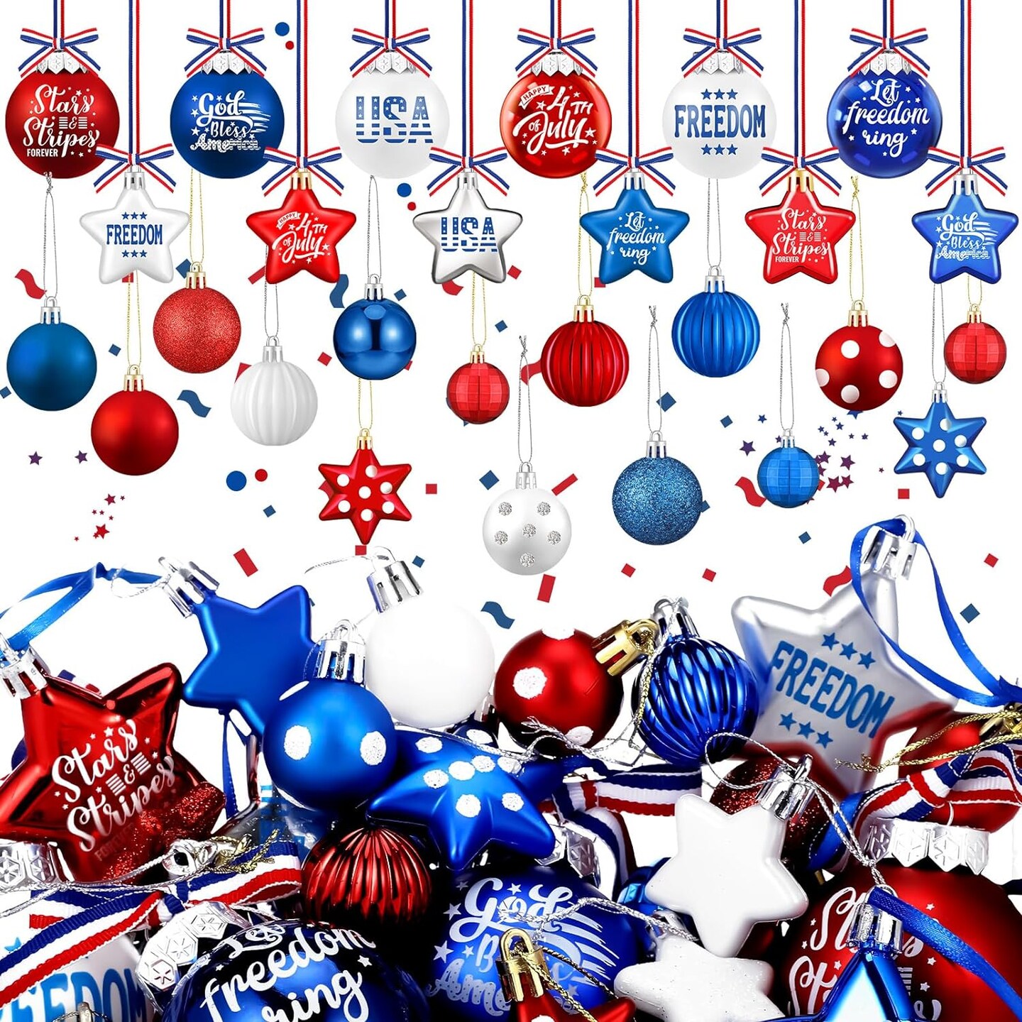 48 Pieces 4th of July Tree Ornaments Patriotic Star Ball Hanging Decorations.