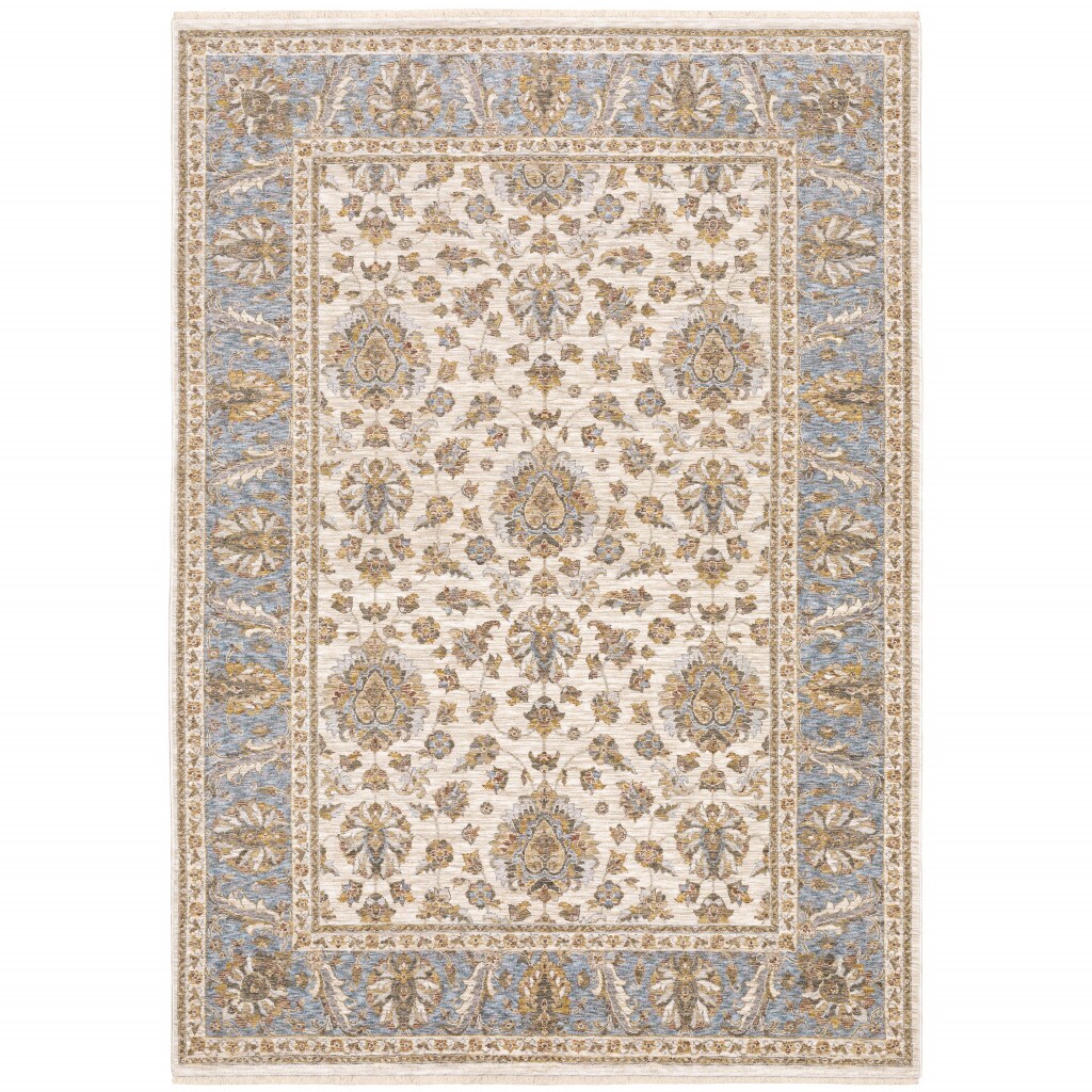 2 X 3 Ivory And Blue Oriental Power Loom Stain Resistant Area Rug With  Fringe