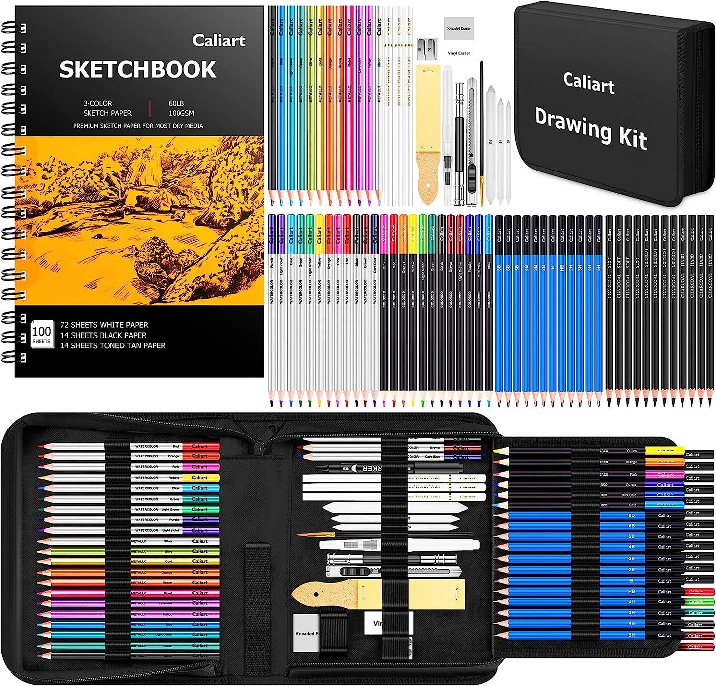 176 Pcs Art Supplies Sketching Kit with 100 Sheets 3-Color Sketch Book