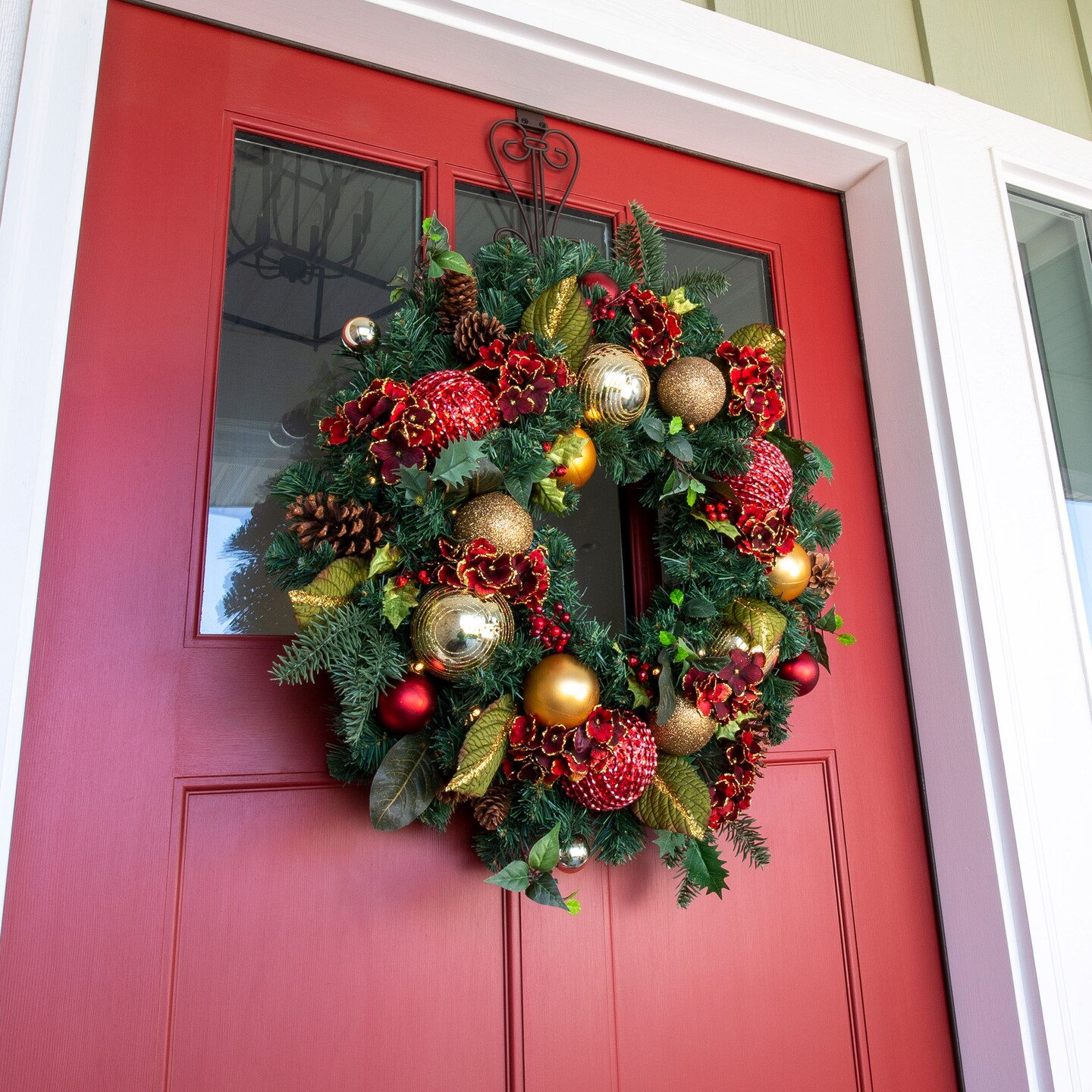 30 in. Lighted Christmas Wreath - Scarlet Hydrangea