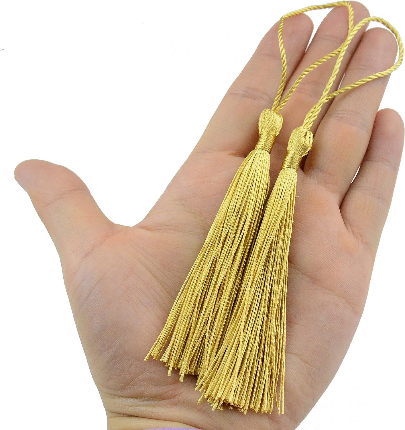 100pcs 13cm/5 Inch Silky Floss Bookmark Tassels with 2-Inch Cord Loop and Small Chinese Knot for Jewelry Making, Souvenir, Bookmarks, DIY Craft Accessory (Light Gold