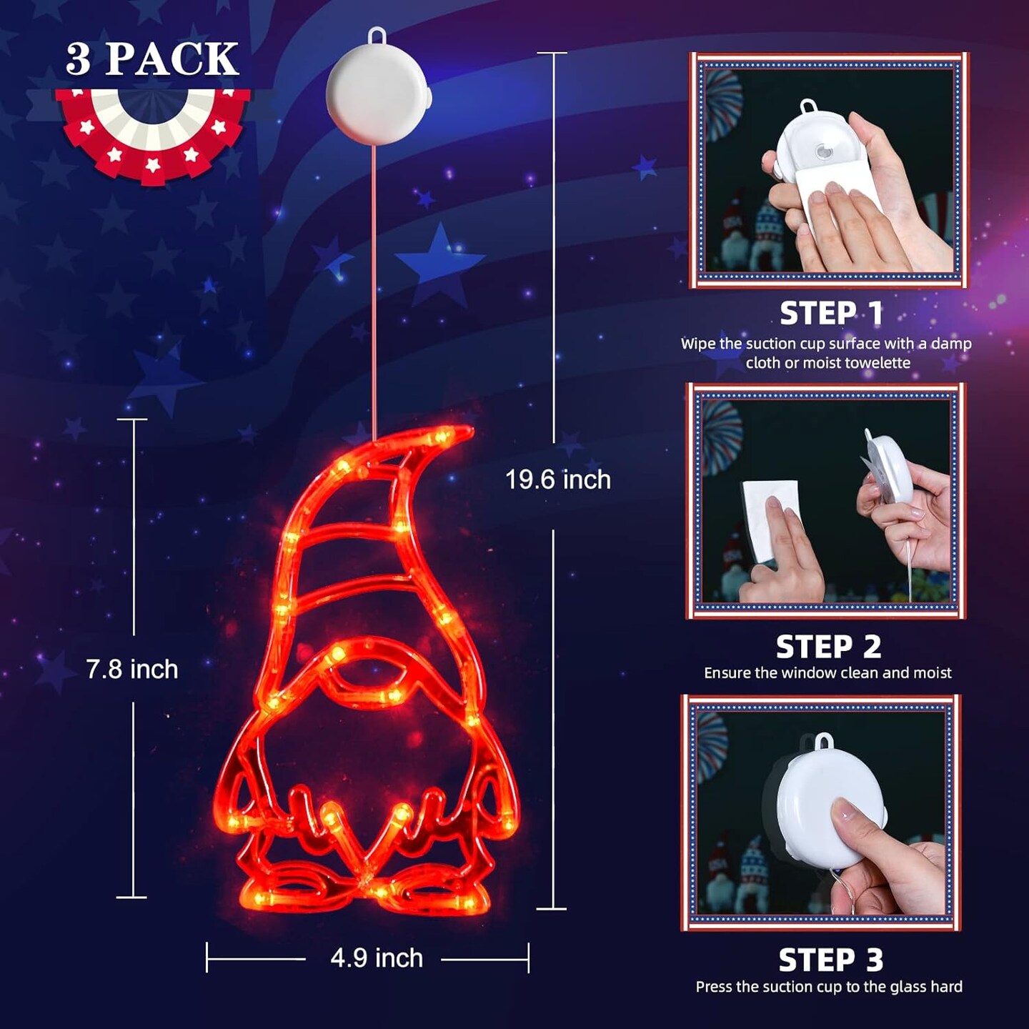 3 pack of battery-powered indoor gnome window lights for the Fourth of July.