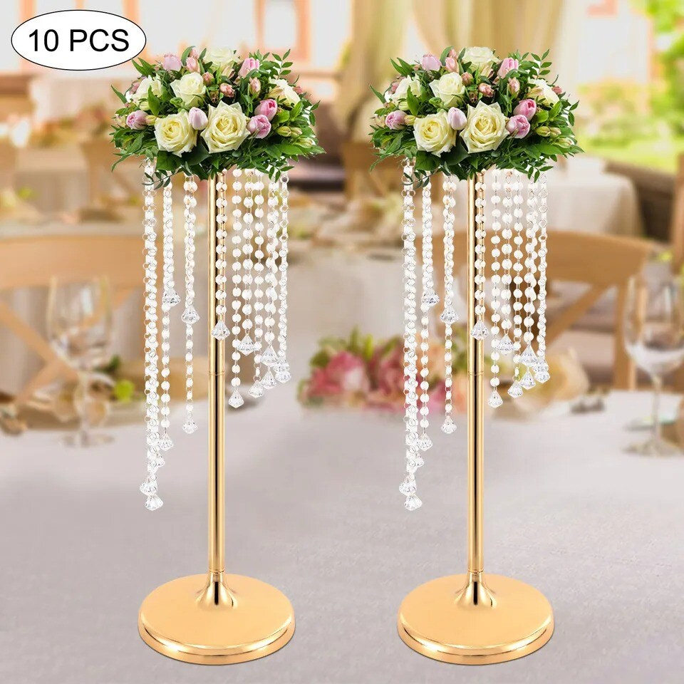 10Pcs Crystal Flower Stands Vases 70cm Wedding Centerpieces Dining Table Gold