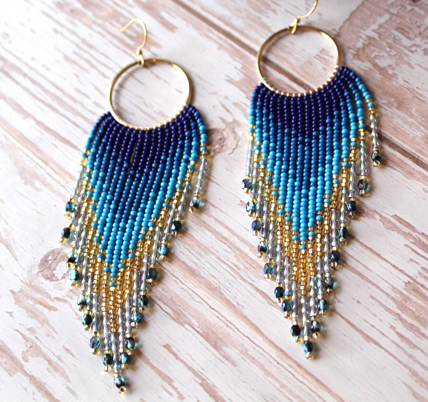 Tempered Steel, Blue Beaded Fringe 2024 Earrings