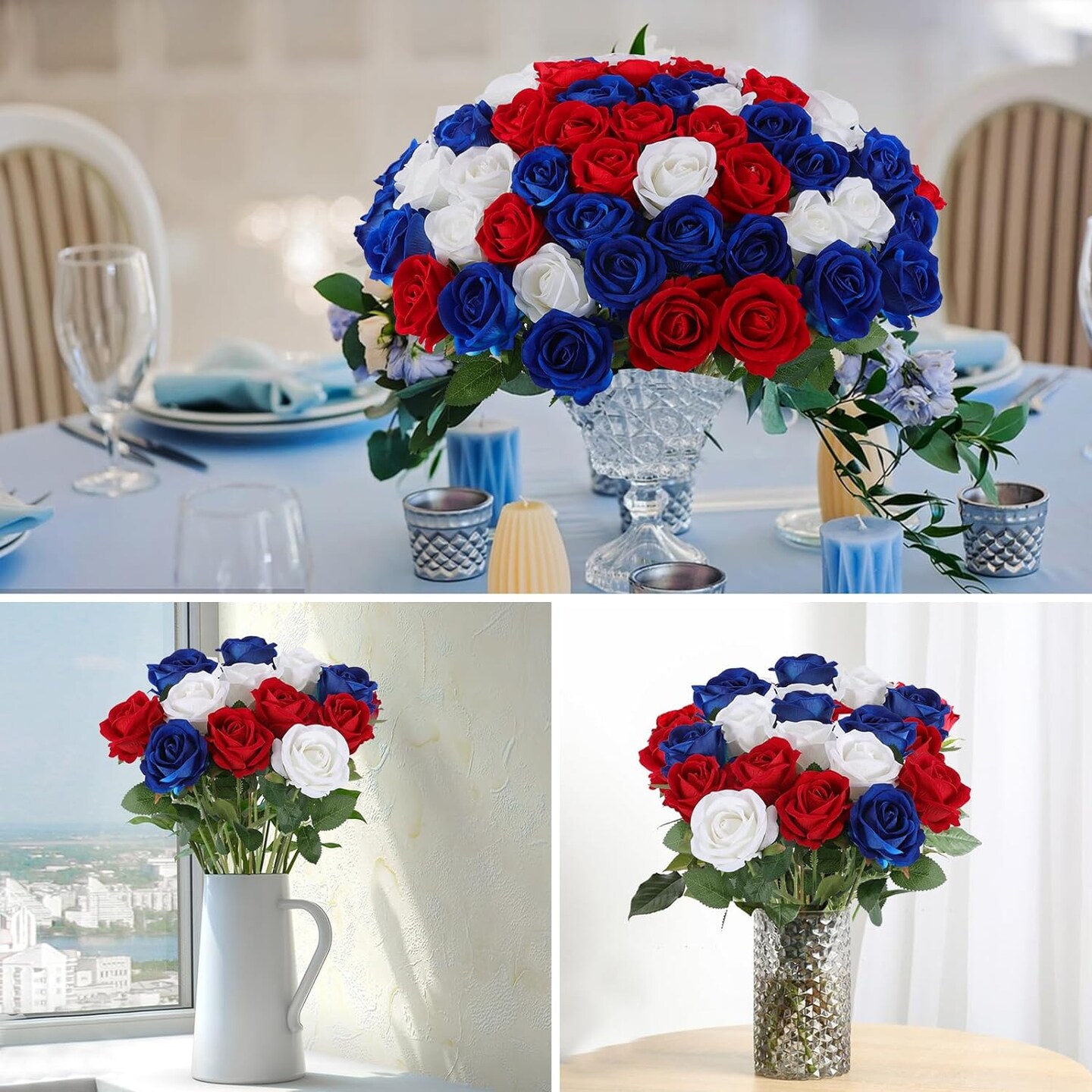 Patriotic 4th of July Artificial Roses in Red, White, Blue