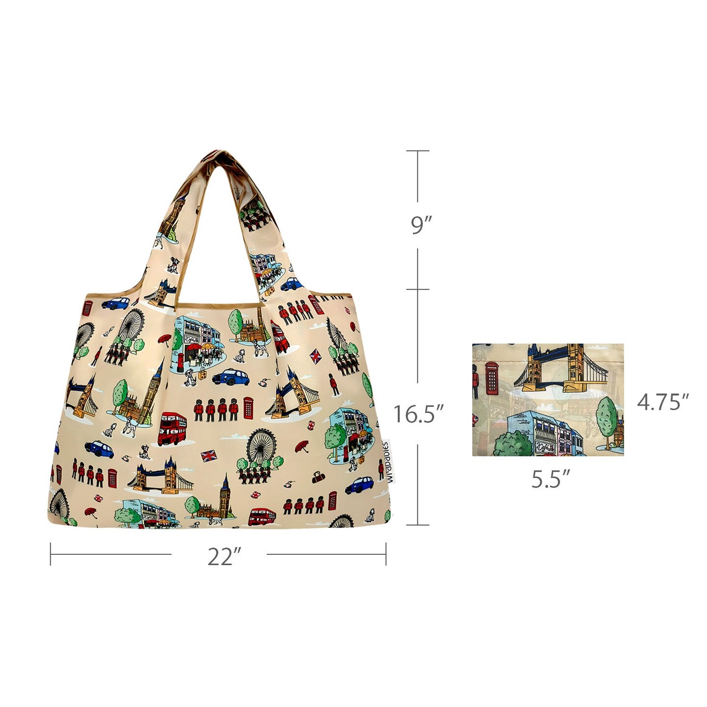Wrapables Large Foldable Tote Nylon Reusable Grocery Bags, Britain