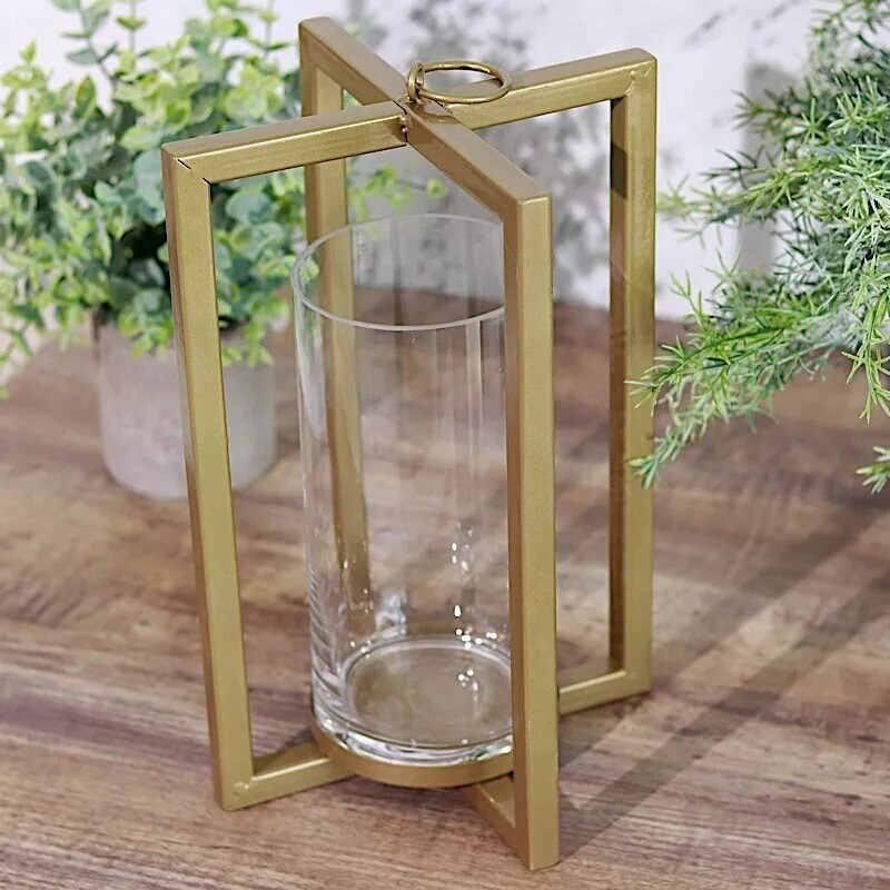 GOLD 11&#x22; Geometric Metal Cross Bar Lantern with Glass CANDLE HOLDER Party Event