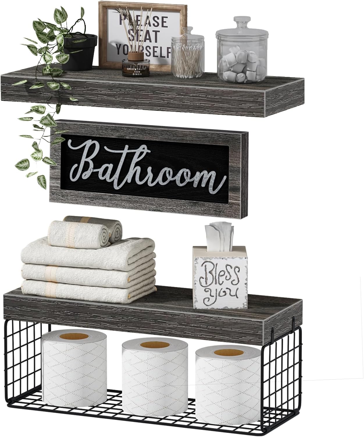Farmhouse Bathroom Wall Shelves – 2+1 Set (16-Inch) for Over-Toilet Storage and Décor