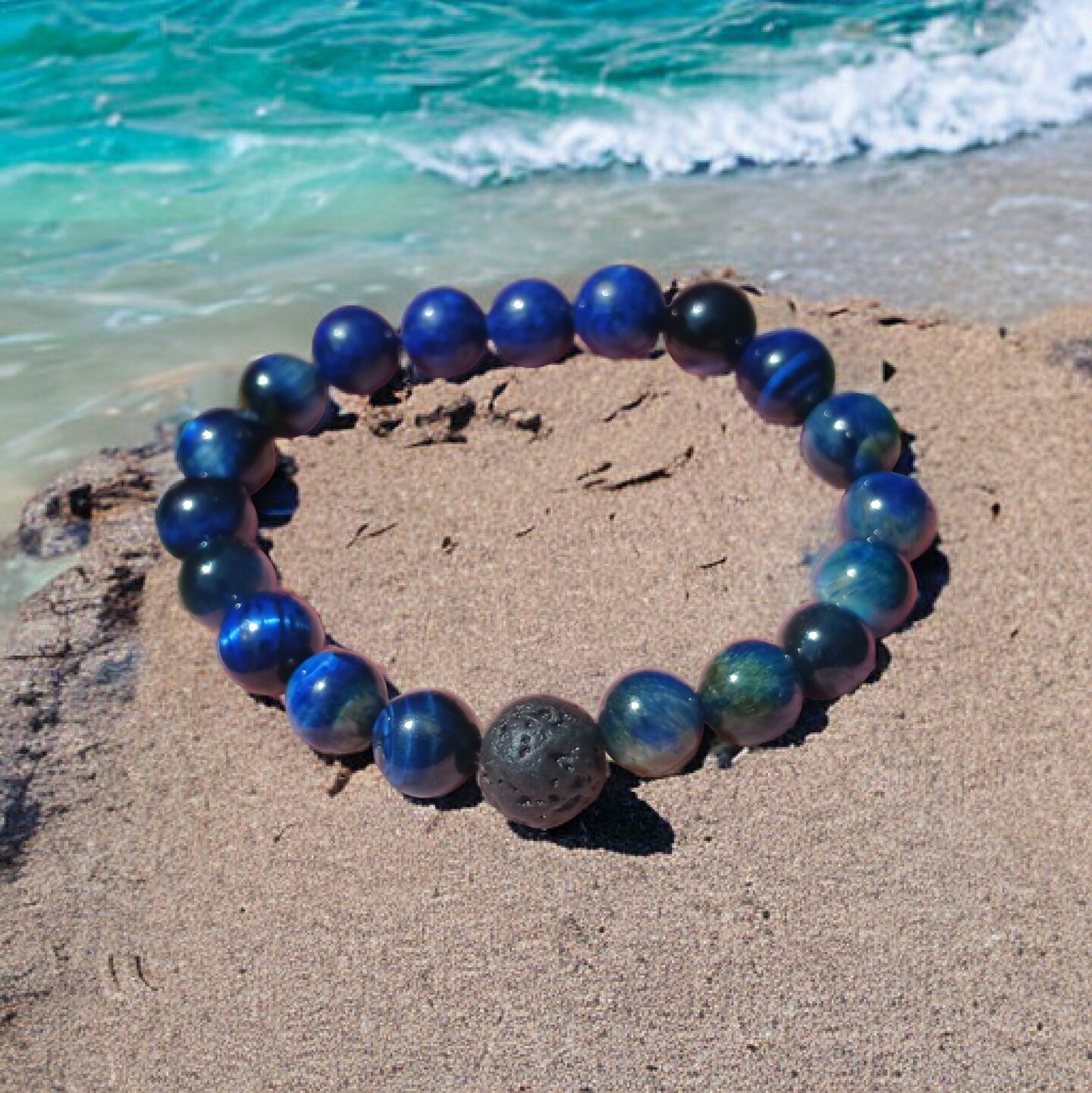 Black Lava Stone And Blue Tiger Eye Essential Oil Diffuser Bracelet | 4 in