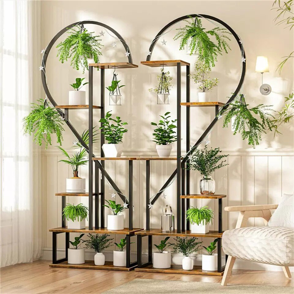 2PCS 6-Layer Plant Stand Large Heart Shaped Flower Pot Herb Display Rack w/ Hook