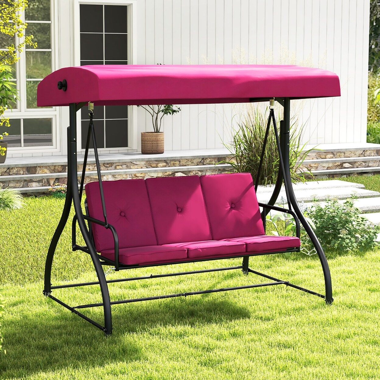 Converting Patio Swing Chair Porch Swing Bed W/Adjustable Canopy And Thickened Cushion