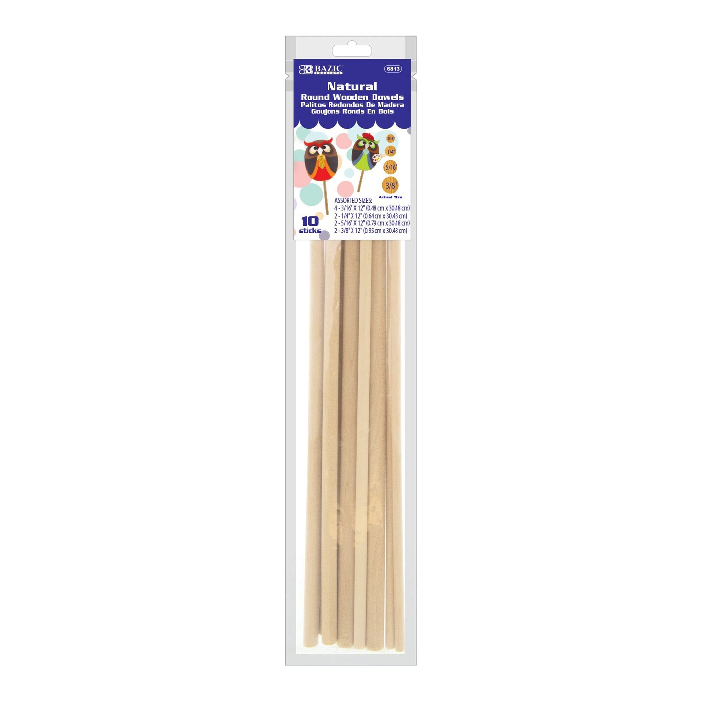 Assorted Round Natural Wooden Dowel, 10 Per Pack, 12 Packs