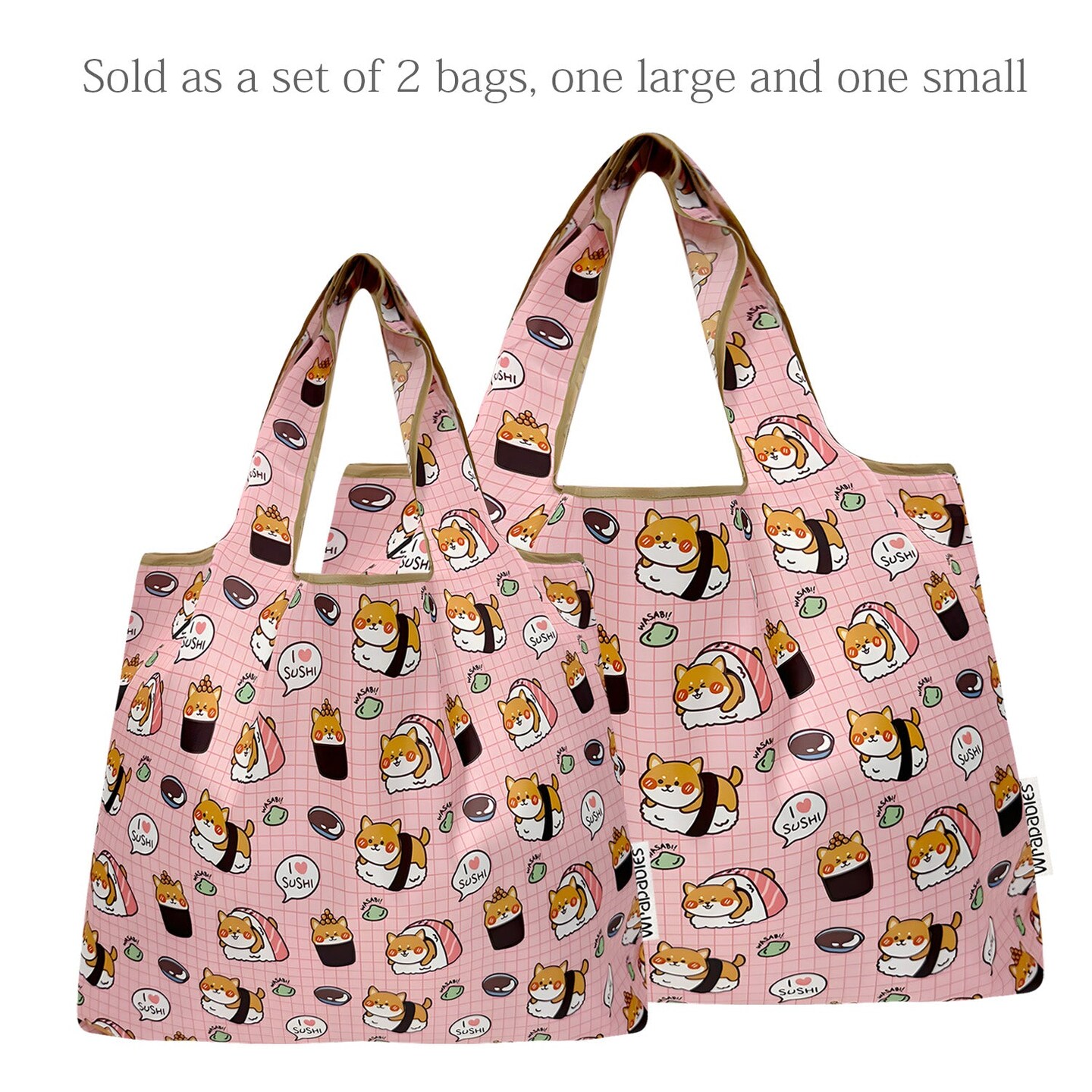 Wrapables Large &#x26; Small Foldable Tote Nylon Reusable Grocery Bags, Set of 2, Doggy Sushi
