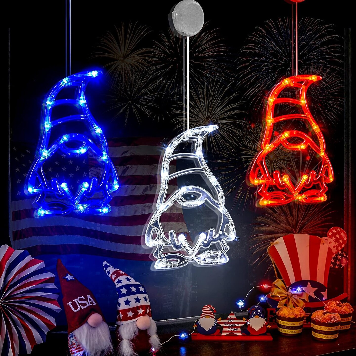 3 pack of battery-powered indoor gnome window lights for the Fourth of July.
