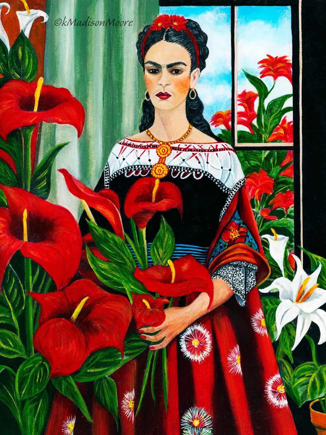 open lace back dress Frida Kahlo Red Dress Canvas Wall Art – Vibrant Painter's Portrait – Fenin main image 0