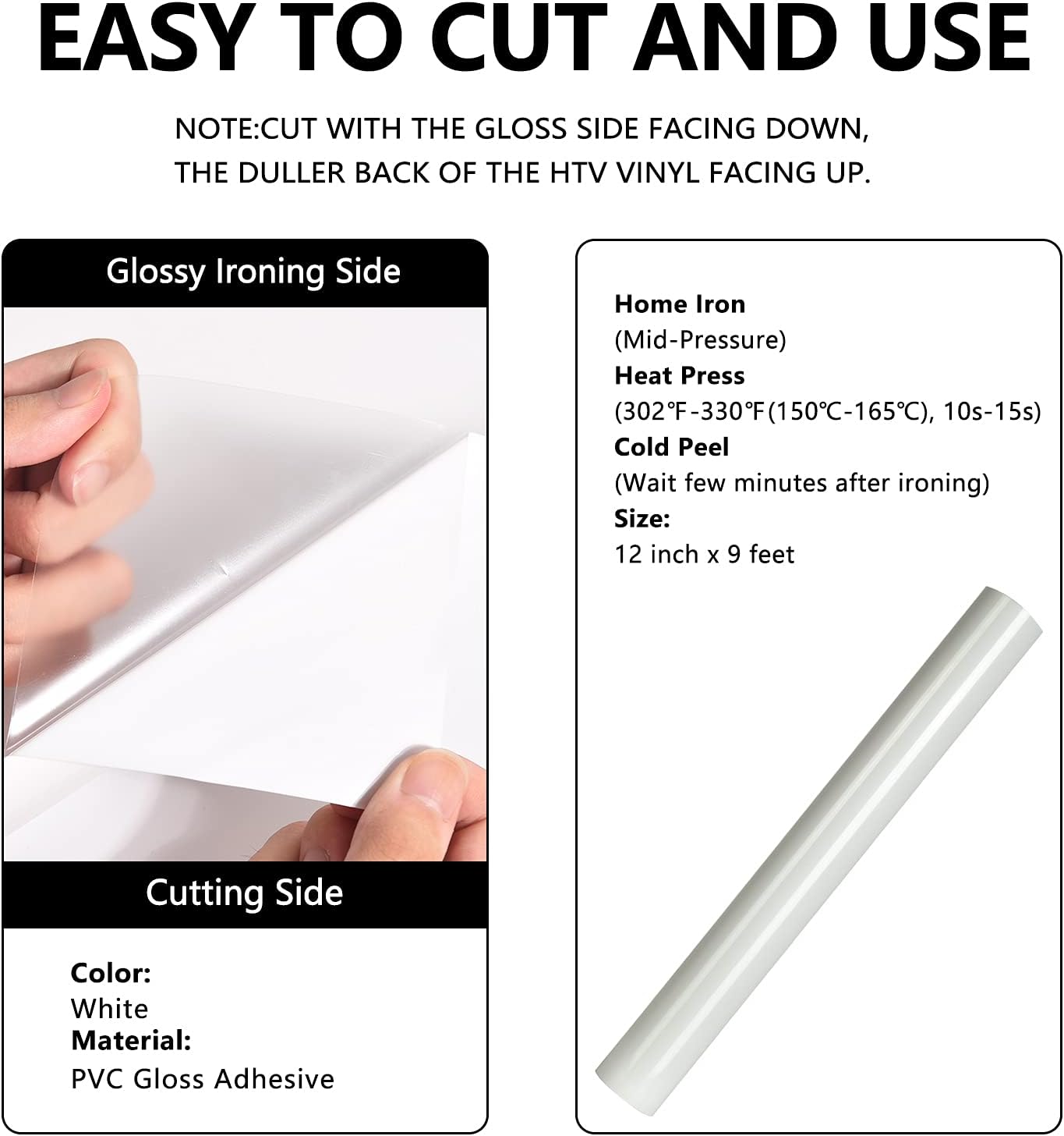 White HTV Heat Transfer Vinyl Rolls, 12&#x22; x 9ft Glossy White Iron on Vinyl for T-Shirt, Adhesive White HTV Vinyl for All Cutter Machines Easy to Cut &#x26; Weed for Heat Vinyl Design