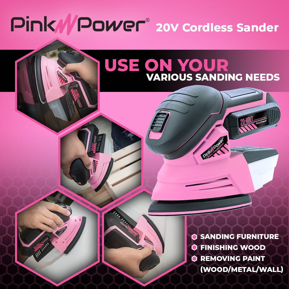 Pink Power Sandpaper for 20V PP204 Cordless Electric Hand Sander - Detail Sand Paper Hook & Loop P60/P80/P120 Grit Sandpaper Pads for Wood, Furniture, & Wall - Sanding Sheets for Palm Sander