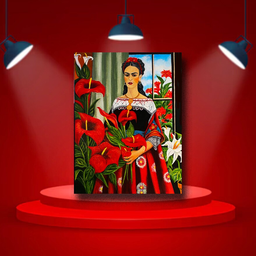 Frida Kahlo 9 x 12 Oil Painting on Canvas, Original Art, Floral