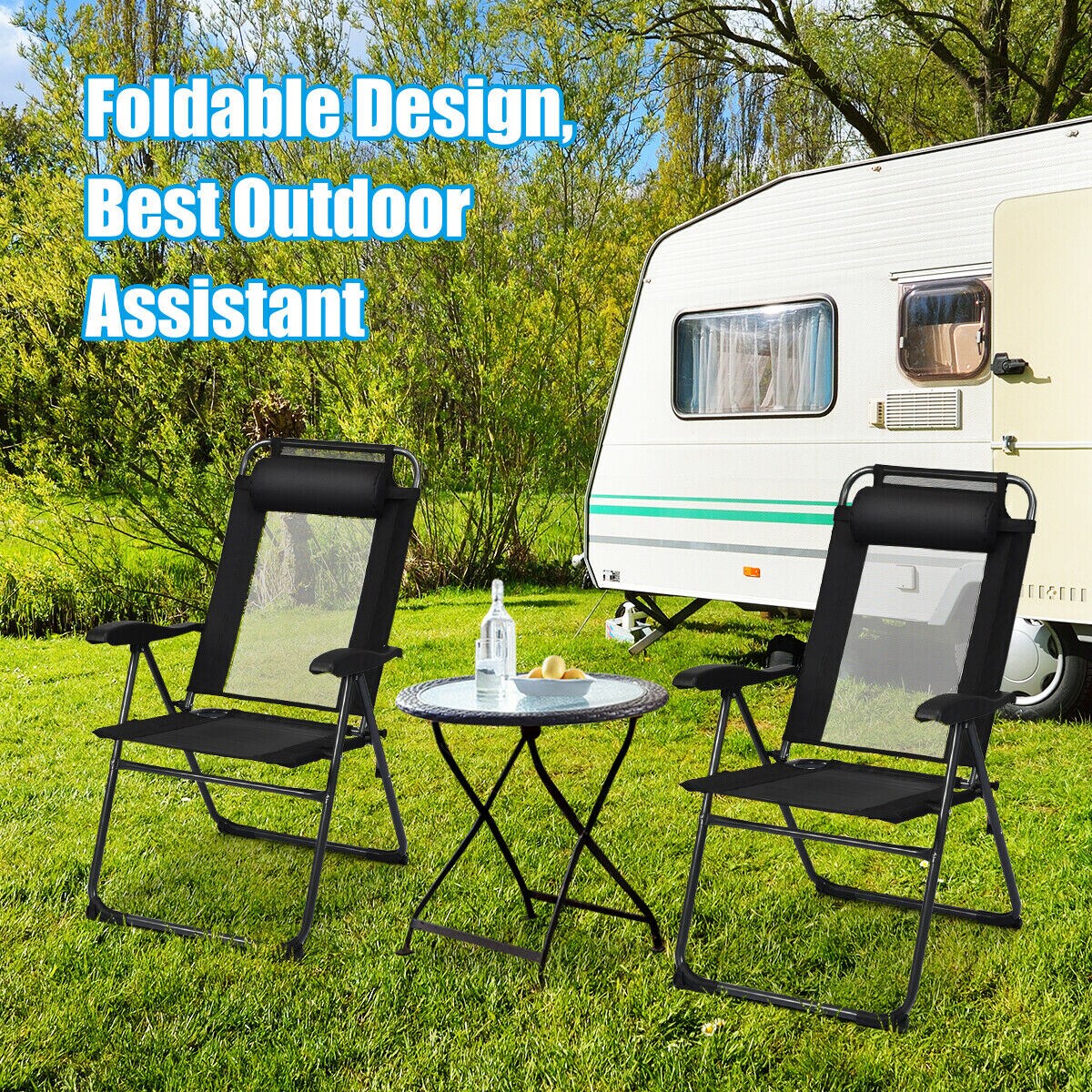 2Pc Folding Chairs Adjustable Reclining Chairs With Headrest Patio Garden Black