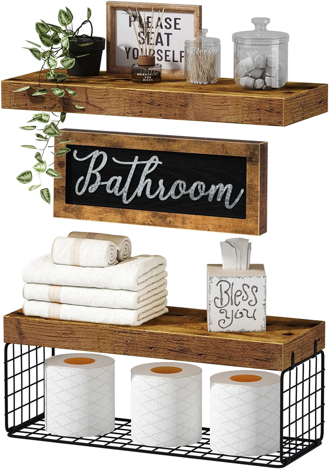 Farmhouse Bathroom Wall Shelves – 2+1 Set (16-Inch) for Over-Toilet Storage and Décor