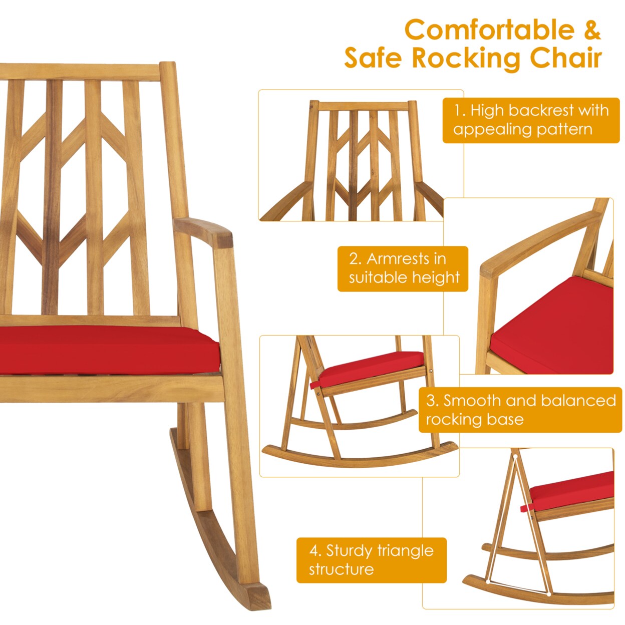 Outdoor Acacia Wood Rocking Chair Wooden Patio Rocker W/ Red Cushion