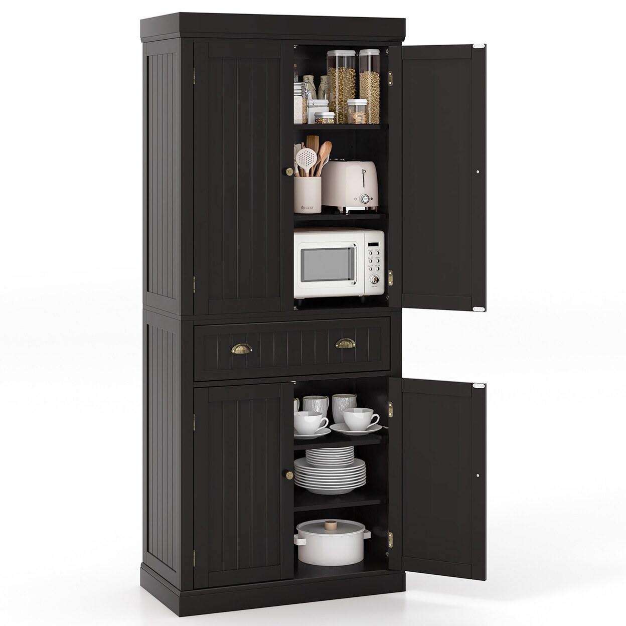 72 Kitchen Pantry Storage Cabinet Tall Freestanding Cupboard W/ 4 Doors Large Drawer Brown