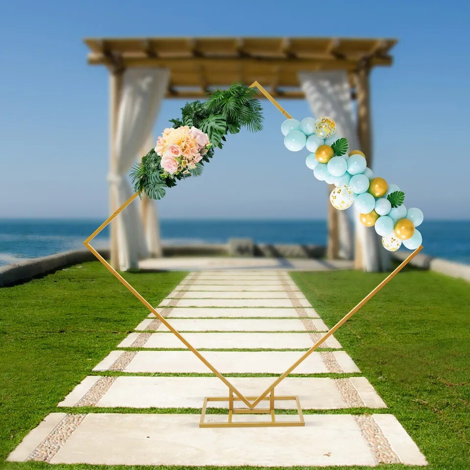 6.6ft Metal Rack Wedding Balloon Arch Set Gold Square Backdrop Stand Frame Rack
