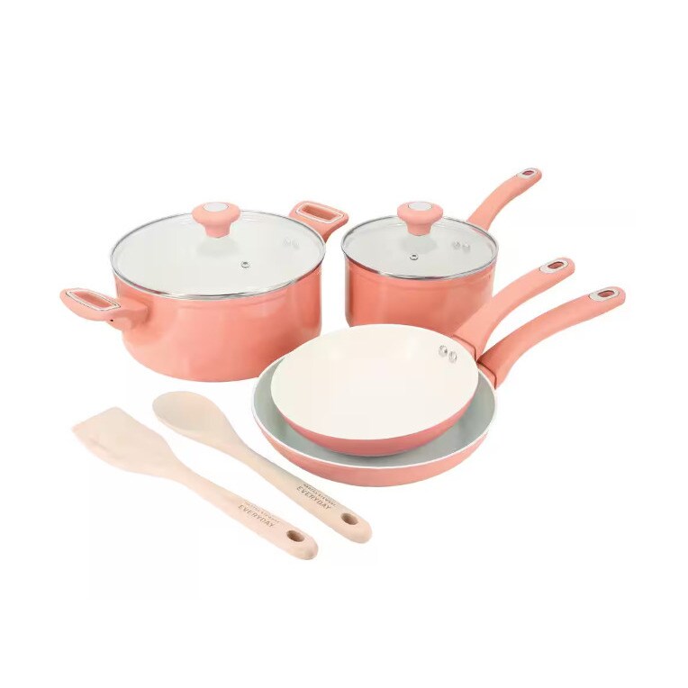 Martha Stewart Rexford 8 Piece Coral Ceramic Nonstick Cookware Set Aluminum
