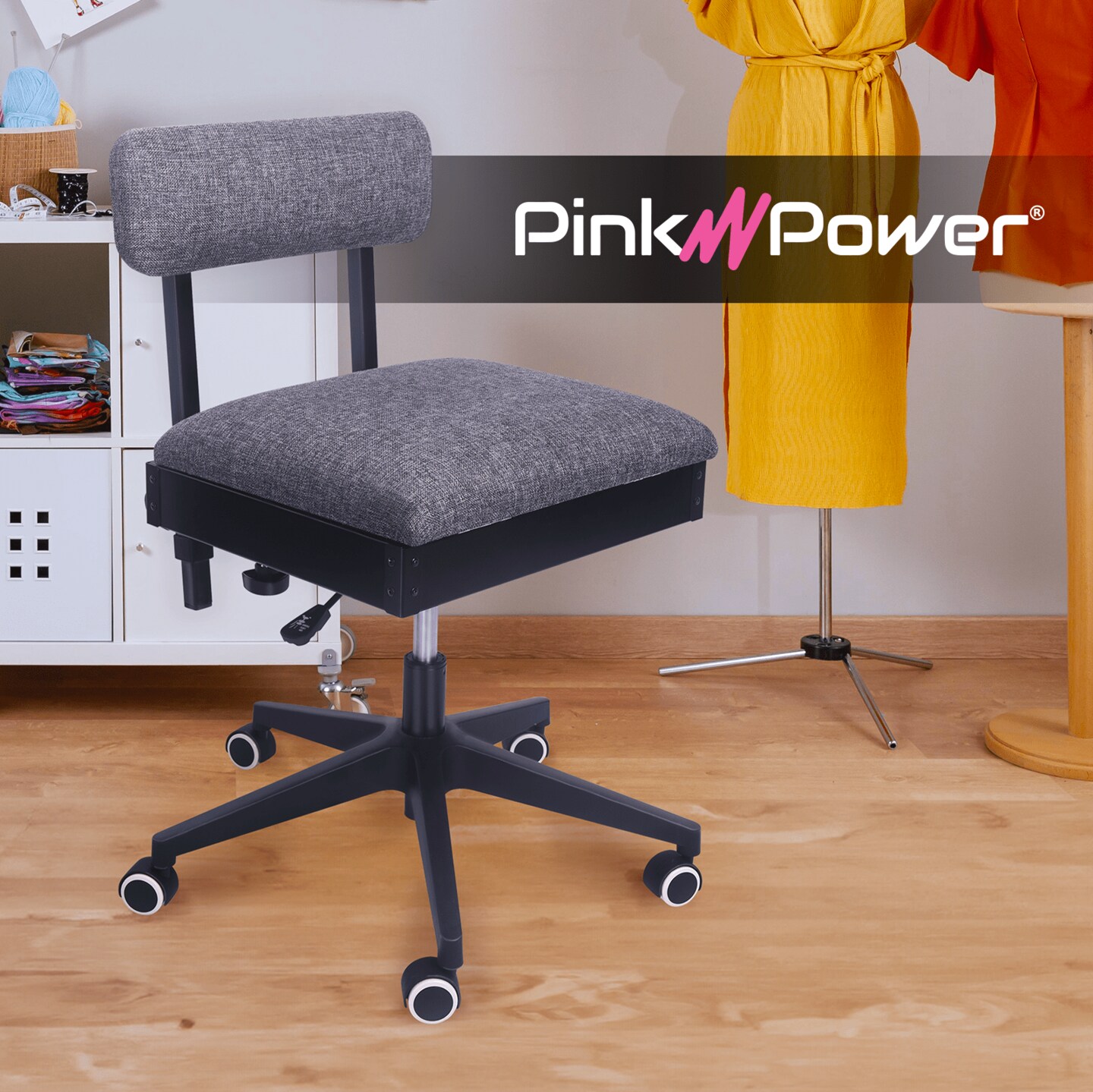 Pink Power Sewing Chair with Wheels and Adjustable Back Support - Hydraulic Armless Sewing Machine Chair for Crafting, Quilting - Sewing Room Furniture -Ergonomically Designed Professional Craft Chair