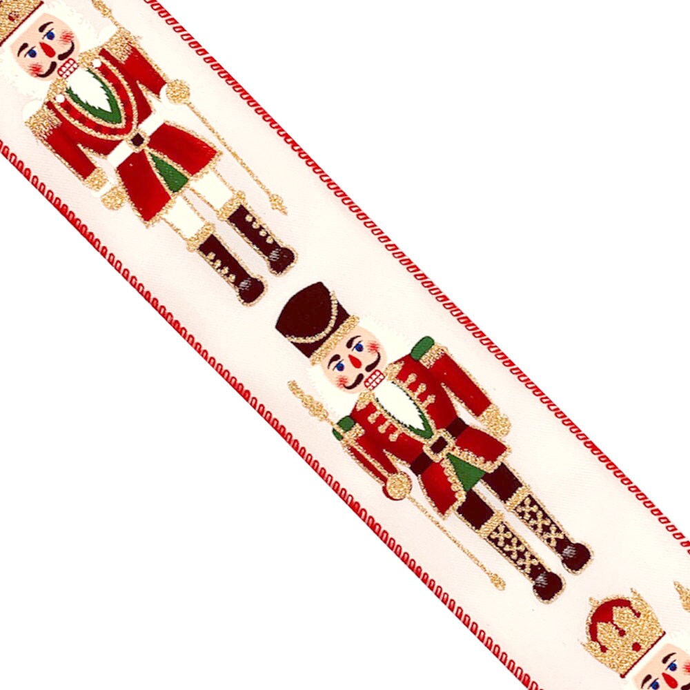 Designer&#x27;s Shop WR 63-5160 2.5&#x201D; x 10 yard Holiday Nutcracker with gold glitter wired edge ribbon