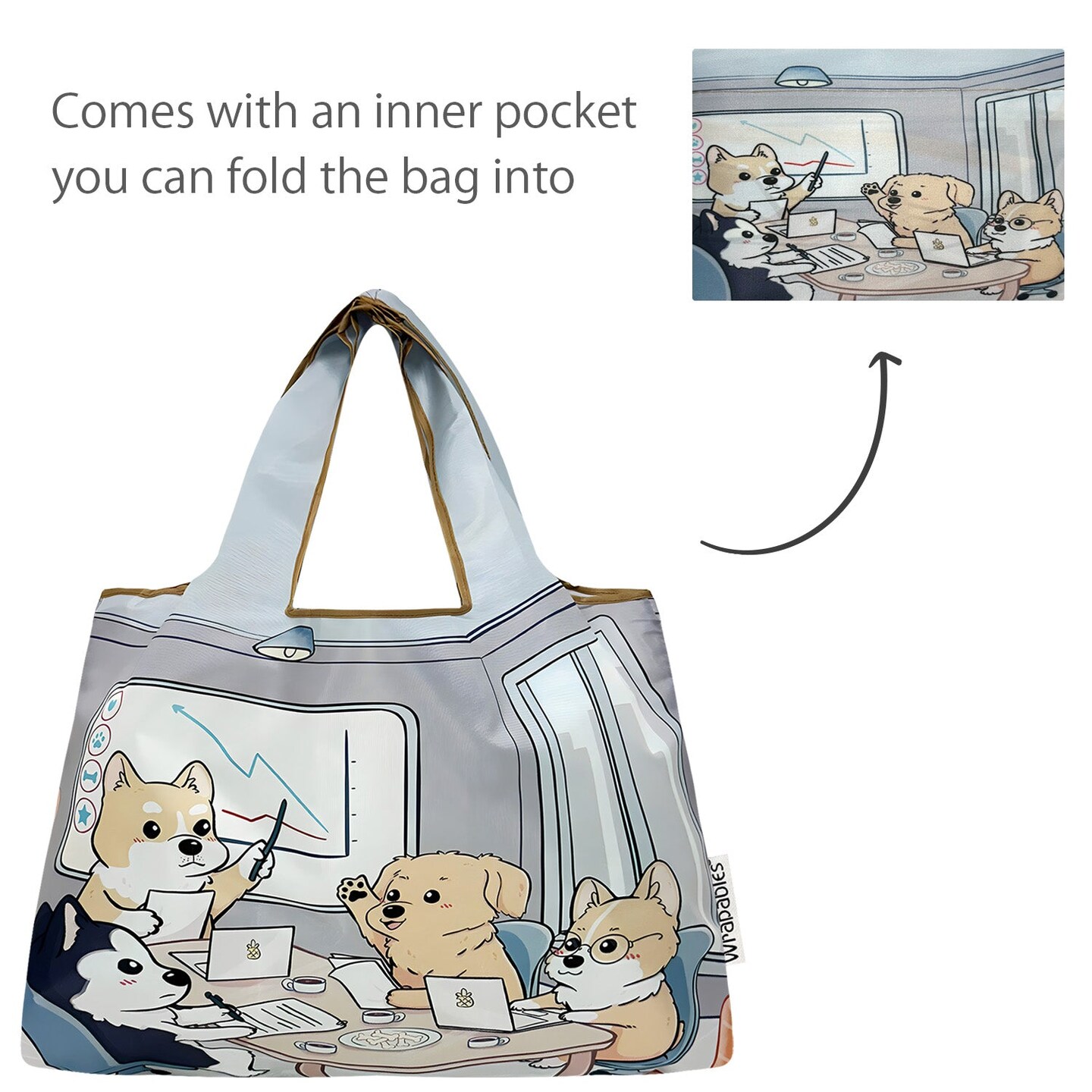 Wrapables Large Foldable Tote Nylon Reusable Grocery Bags, Dogs Rule