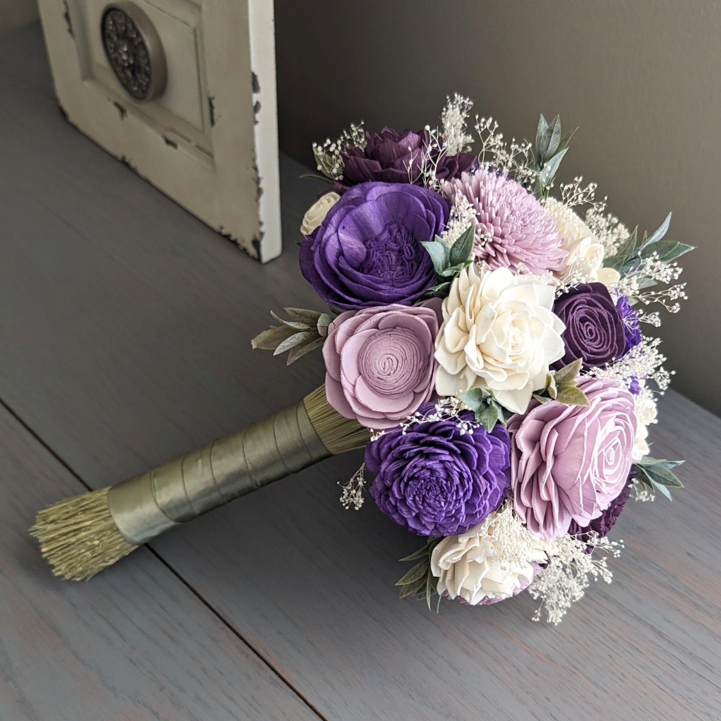 Purple, Lilac, Plum, and Ivory Sola Wood Flower Bouquet with