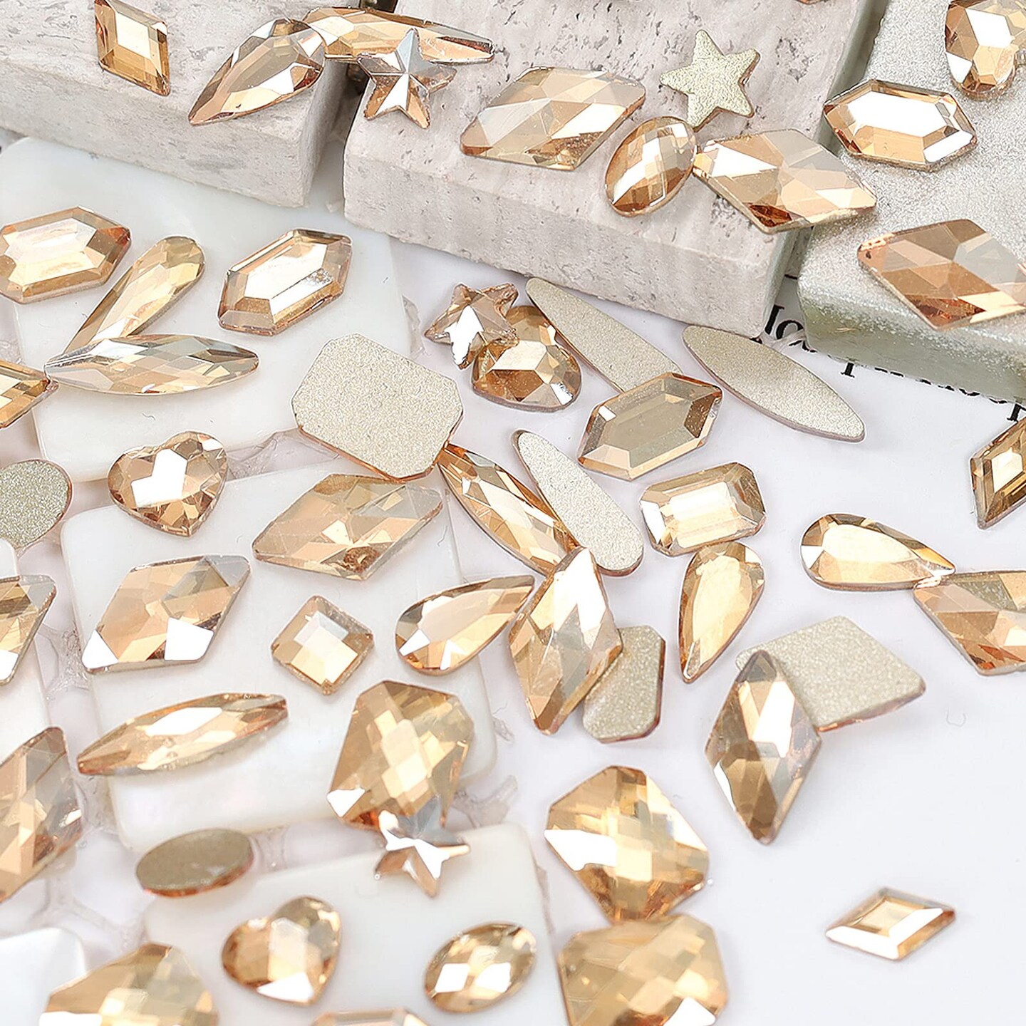 2120 Pieces Champagne Gold Crystal Nail Rhinestones Round Beads Multi Shapes Sizes Flatback Glass Gems Stones for Nail DIY Crafts Clothes Shoes Jewelry