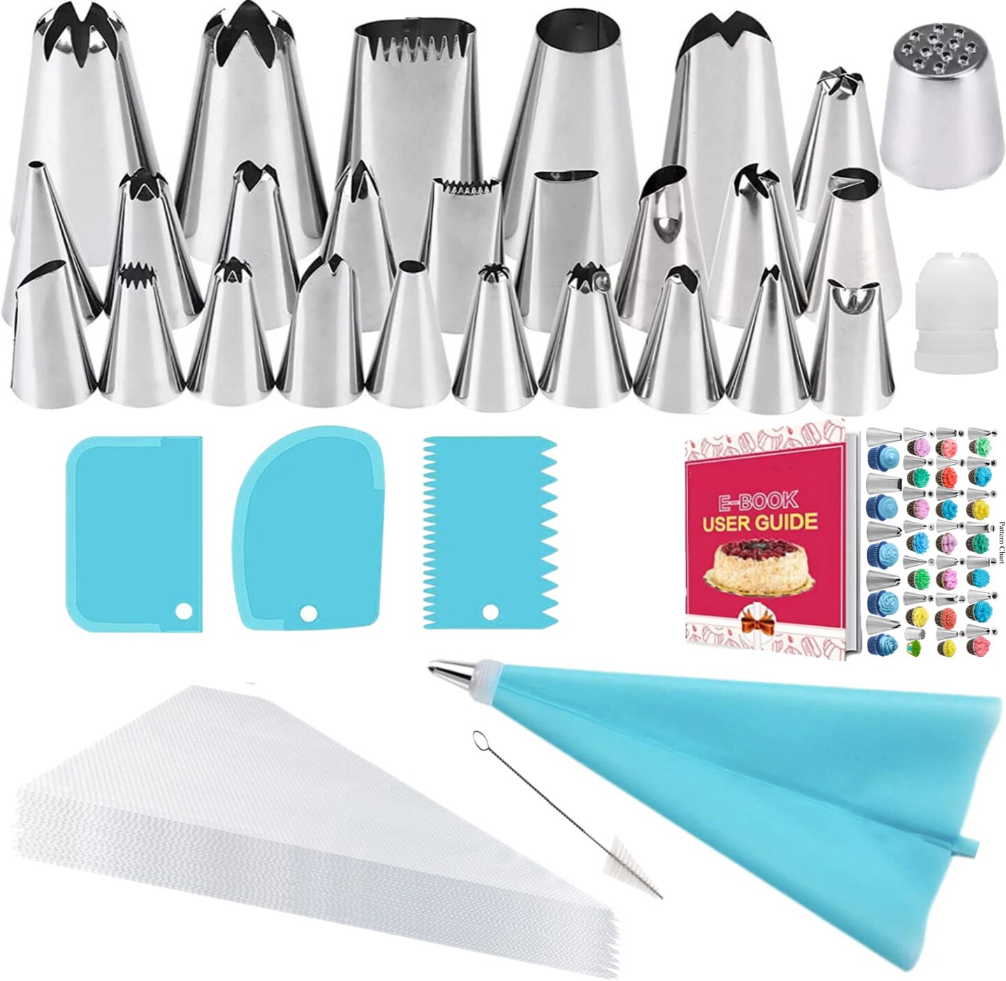 44 Pieces Cake Decorating Set, Stainless Steel Piping Icing Nozzles, Reusable Silicone Piping Bag, Suitable for Cakes, Cupcakes, Cookies, Pastries, Beginners
