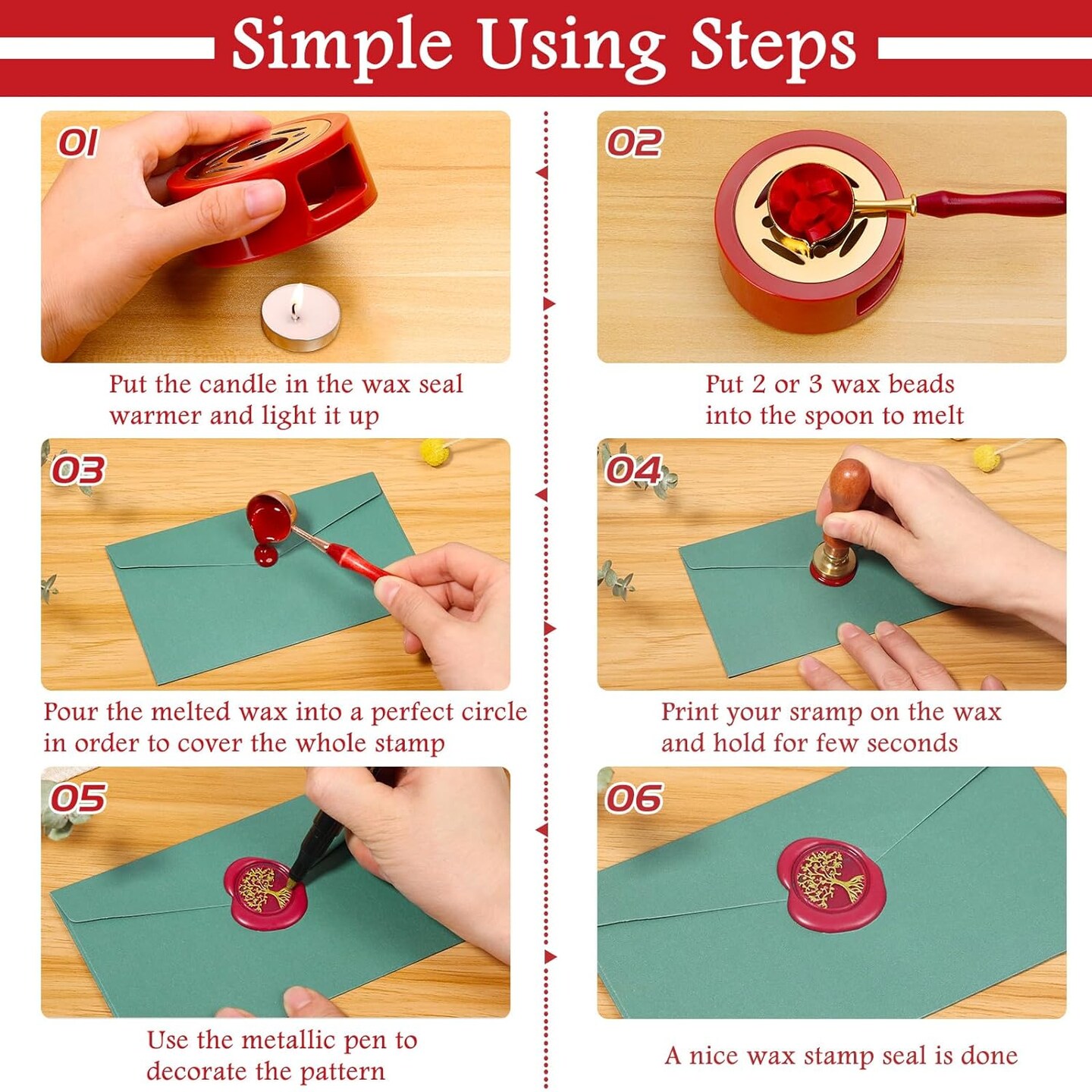 Sealing Wax Kit with Wax Seal Beads, Wax Seal Stamp, Wax Seal Warmer, Wax Spoon, Envelopes and Tealight Candles for Letter Sealing