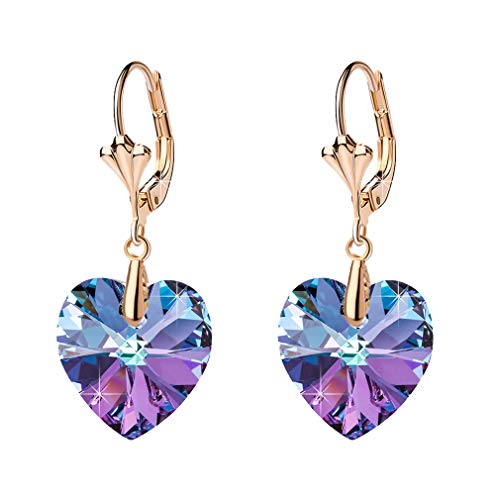Crystal Heart Drop Leverback Earrings for Women Fashion Dangle Earring 14K Rose Gold Plated Hypoallergenic Jewelry (Vitrail Light)