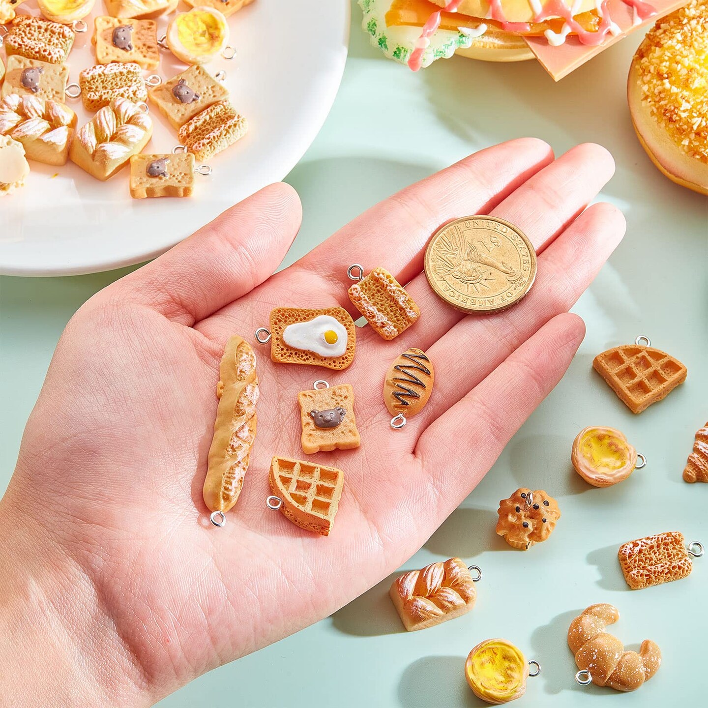 60 PCS Handmade Simulation Food Bread Toast Pendant Charms Hanging Food Charms DIY Baking Charms for Earrings Imitation Resin Charms for Jewelry Making for Children Girls DIY Craft