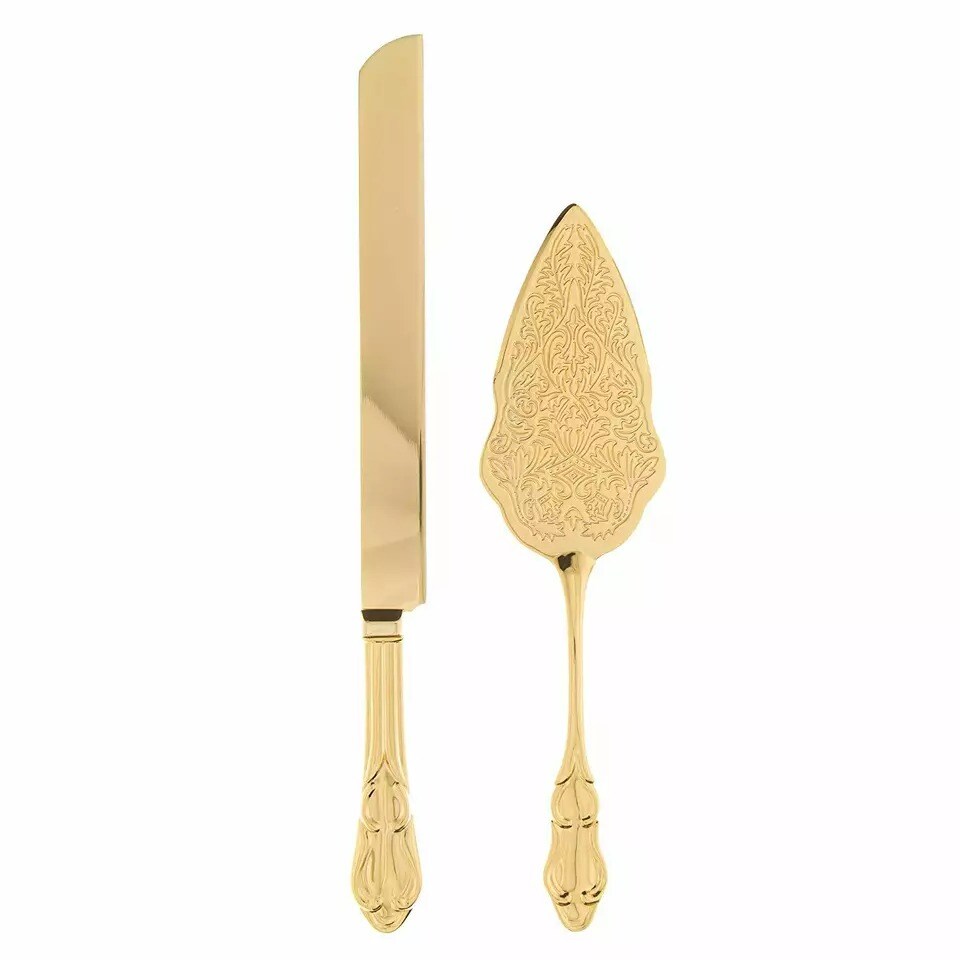 Gold Wedding Cake Knife & Server Set, Vintage Cake Cutting Utensils (Gold)