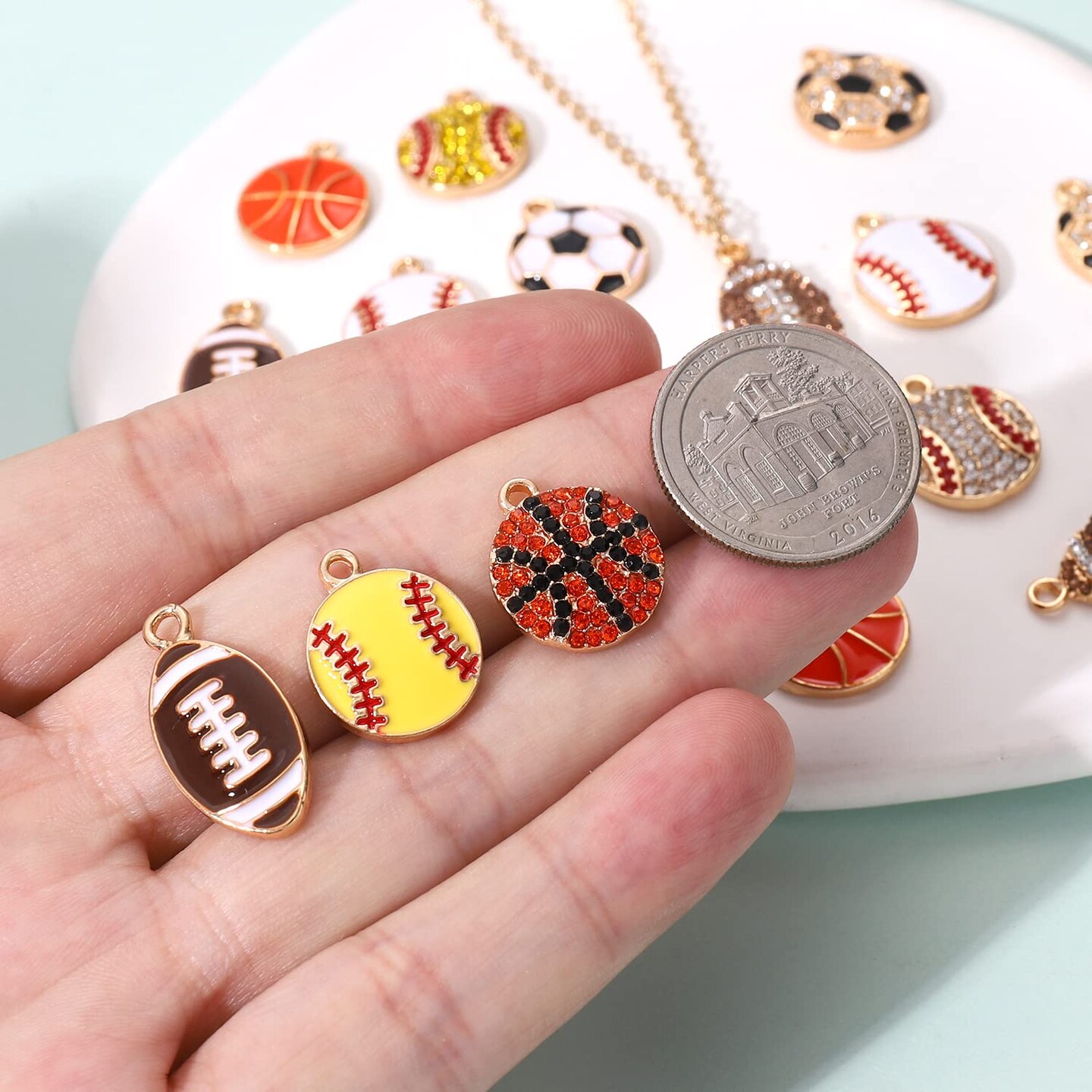 20 Pieces Sports Charms Enamel Basketball Baseball Pendant Charms for Jewelry Making Rhinestone Ball Game Softball Charms for Necklace Bracelet Earrings DIY Crafts (Set 1)