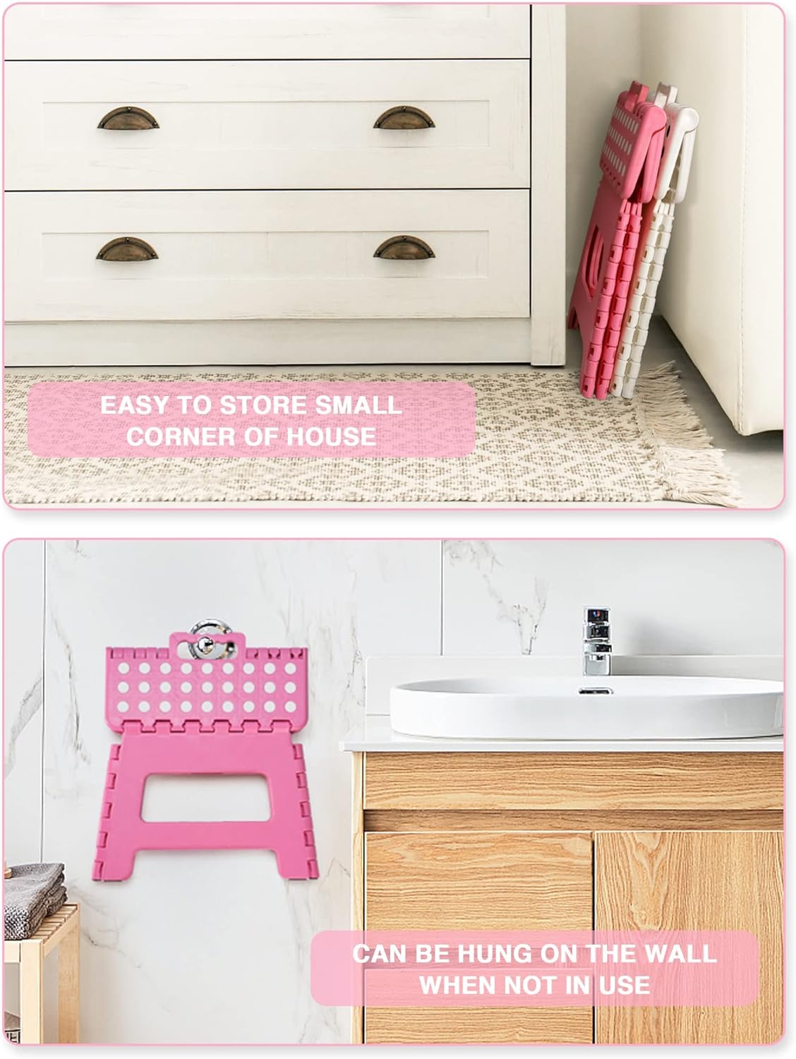 Folding Step Stool 9&#x22;, Kids Step Stool, Heavy Duty Step Stools for Adults, Compact Foot Stools, Light-Weight Toddler Step Stool for Kitchen, Bathroom, Holds Up to 300 lbs (Pink)