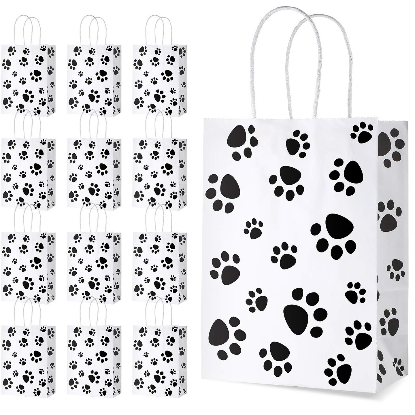 20 Pieces Puppy Dog Paw Print Gift Bags with Paper Twist Handles, Dog Gift Bags Paper Paw Print Treat Goodie Bags for PET Treat Party Favor, 6.3 x 3.1 x 8.6 Inch (White Backing)