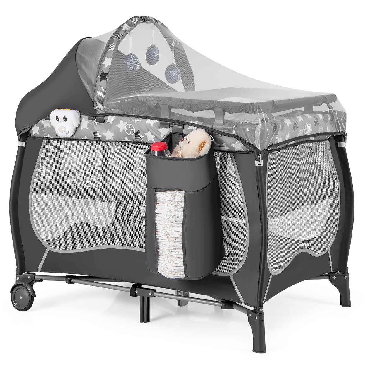 5-In-1 Portable Babyplayard Nursery Center Bassinet W/Music Box Canopy And Net