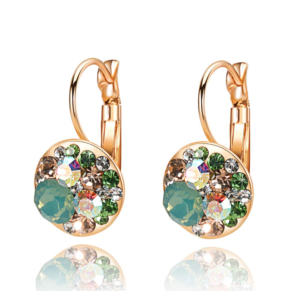 Multicolored Crystal Earrings for Women 14K Gold Plated Leverback Dangle Hoop Earrings (Green Opal+Aurora Borealis Crystal)