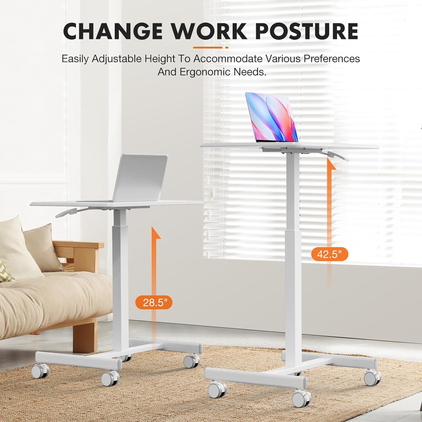 Mobile Small Stading Desk - Sit Stand Desk, Portable Rolling Laptop Desk with Lockable Wheels, Computer Workstations, Adjustable Height, White