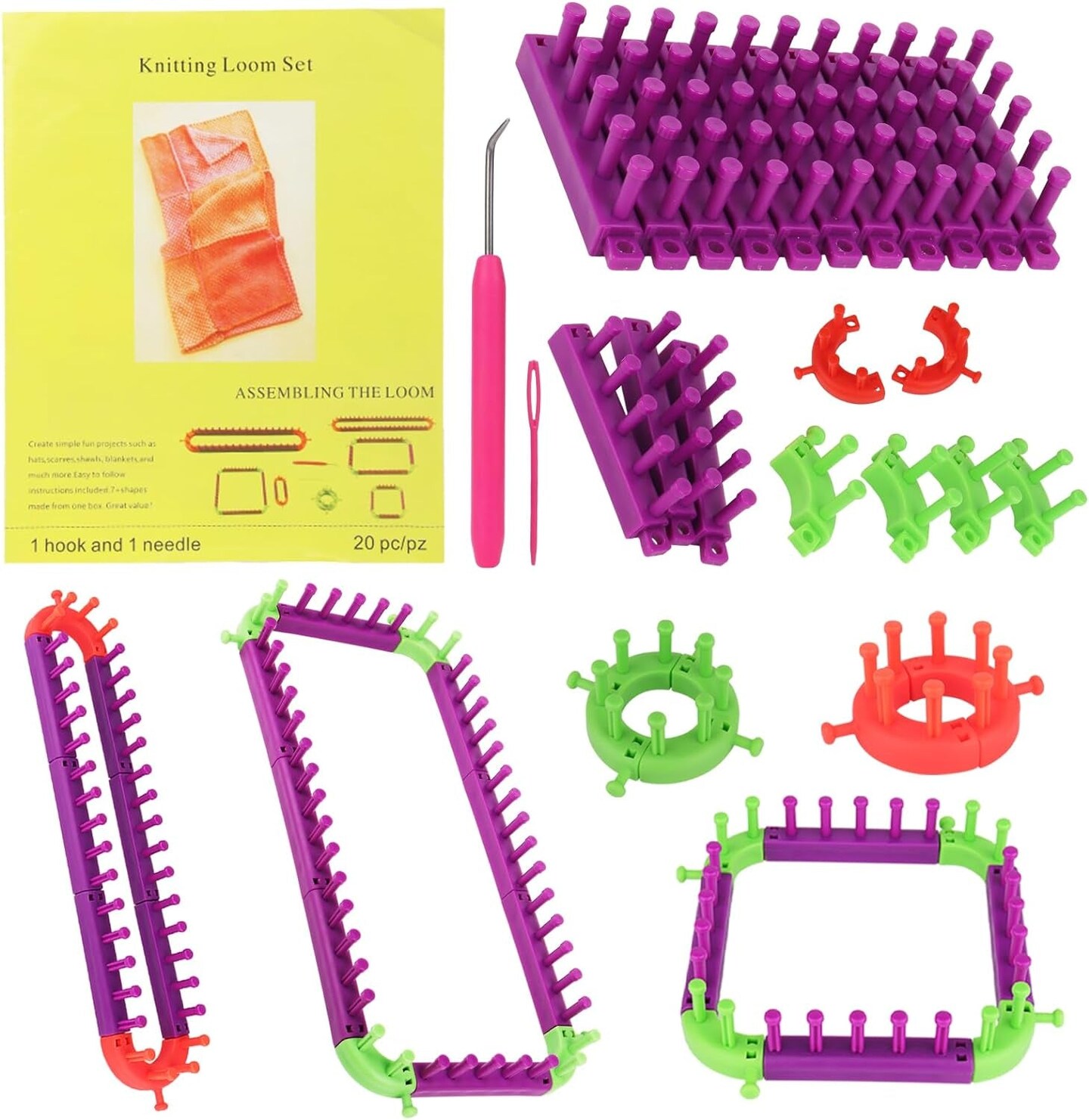 Flexible Loom Kits Adjustable Knitting Loom Set, Include Square Knitting Loom, round Knitting Board, Loom Hook &#x26; Needle DIY Craft Tool - Creative Knitting Loom Kits Replaces Multiple Looms