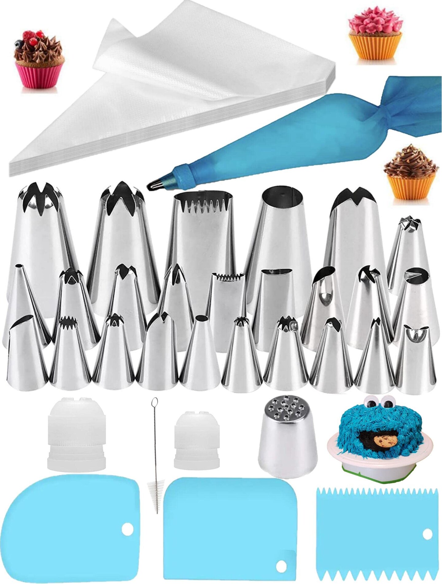 42 Pieces Cake Piping Set for Baking with Reusable Piping Bags and Tips, Standard Converters, Silicone Rings, Decorating Supplies for Deviled Egg , Cupcake and Cookie Icing