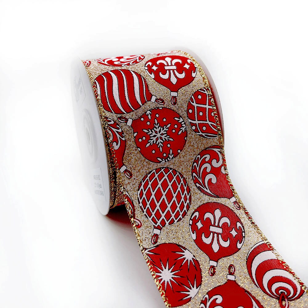 Designer’s Shop WR 63-5182 Holiday Red/White Ornaments Wired edge ribbon 2.5” x 10 yard