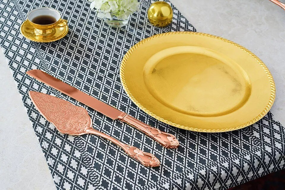 Strova Rose Gold Wedding Cake Knife and Server Set | Vintage Bride Utensils