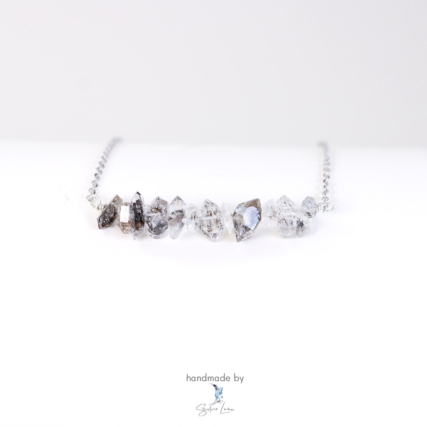 Herkimer diamond natural stone gemstone row pendant necklace in sterling silver 345719813493178368