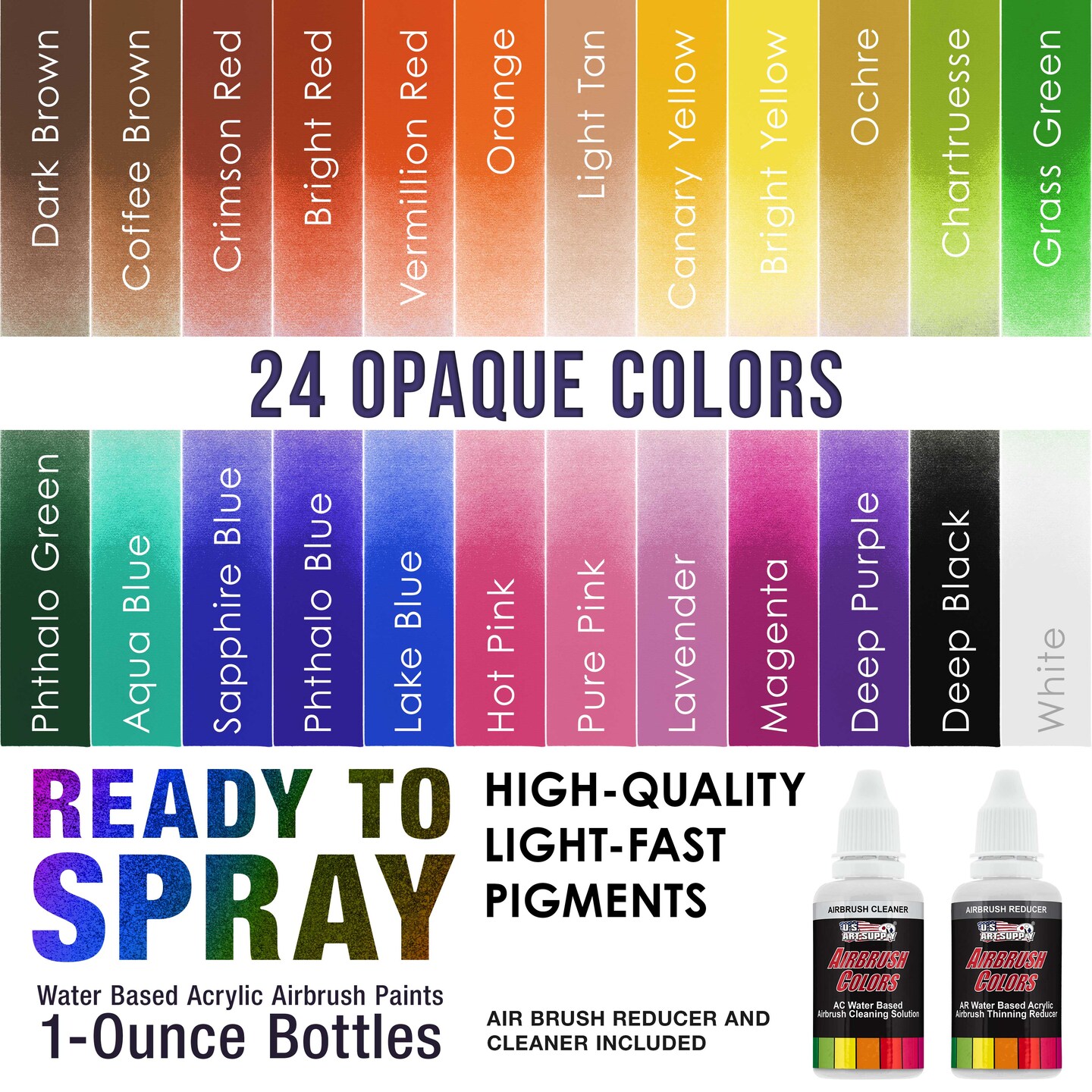 24 Color Acrylic Airbrush Paint Set; Opaque Colors plus Reducer, Cleaner &#x26; Color Mixing Wheel, 1 oz. Bottles